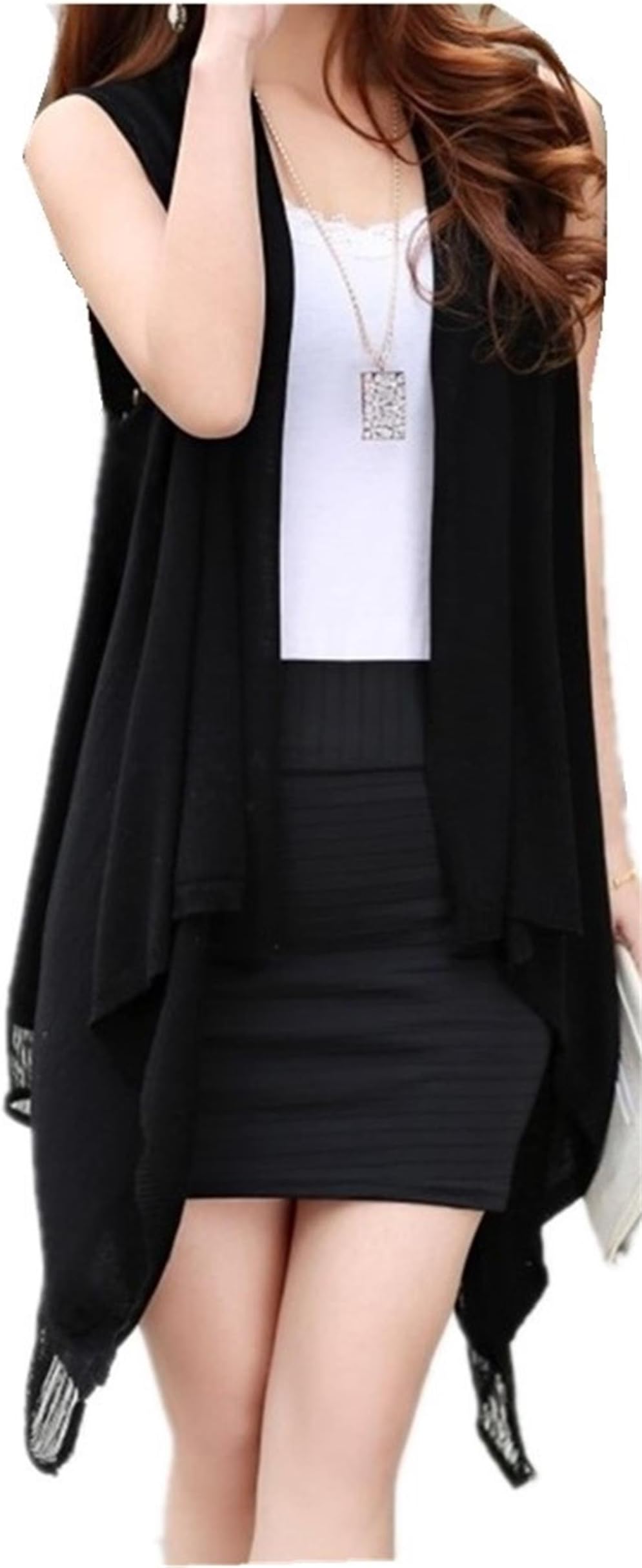 Good Eye Women’s Light Weight Drape Front Sleeveless Shawl Cardigan (Black)
