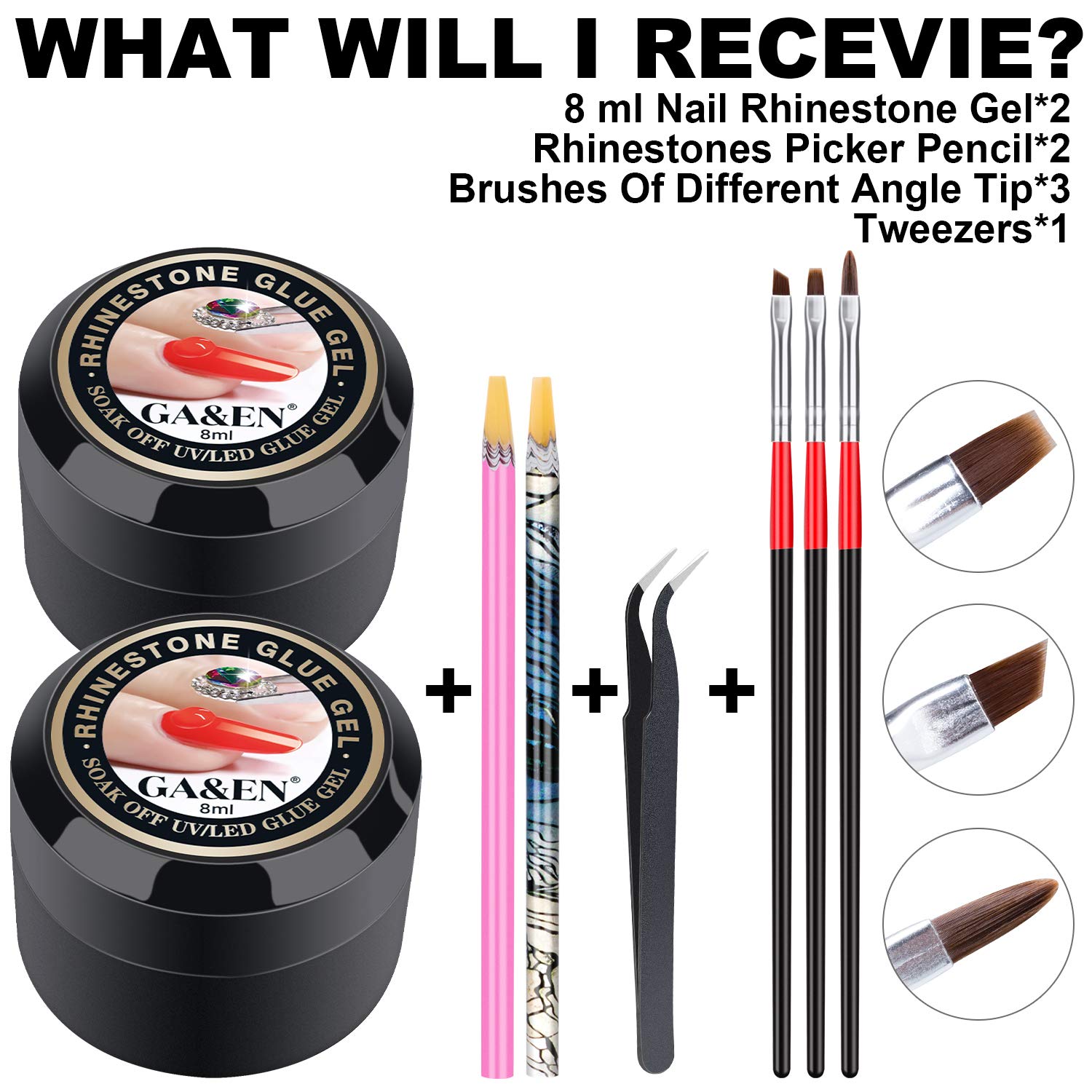 Nail Art 8ml Rhinestone Glue Gel Adhesive/2pcs + Wax Pickup Pen Tools for Gem Stones Jewelry Diamond Beads (LED Lamp Cure Needed) + LED Glue Brush Tools/3pcs by GADGETS ENTREPOT: Beauty