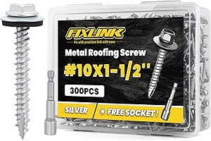 Metal Roofing Screws #10 x 1-1/2", 300 PCS, FIXLINK RUSPERT Hex Head Rubber Washer Sheet Metal Roof Screws Self Tapping Metal to Wood Siding Screws, Hex Socket Included, Silver