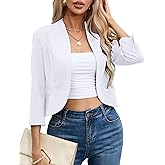 KOJOOIN Womens Cropped Blazer Casual Business 3/4 Sleeve Collarless Open Front Cardigan Work Jacket Shrug