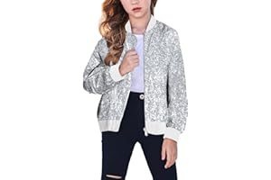 Cudtum Sequin Bomber Jackets Girls Long Sleeve Zip up Jacket for Kids Birthday Christmas Shiny Fashion Clothes