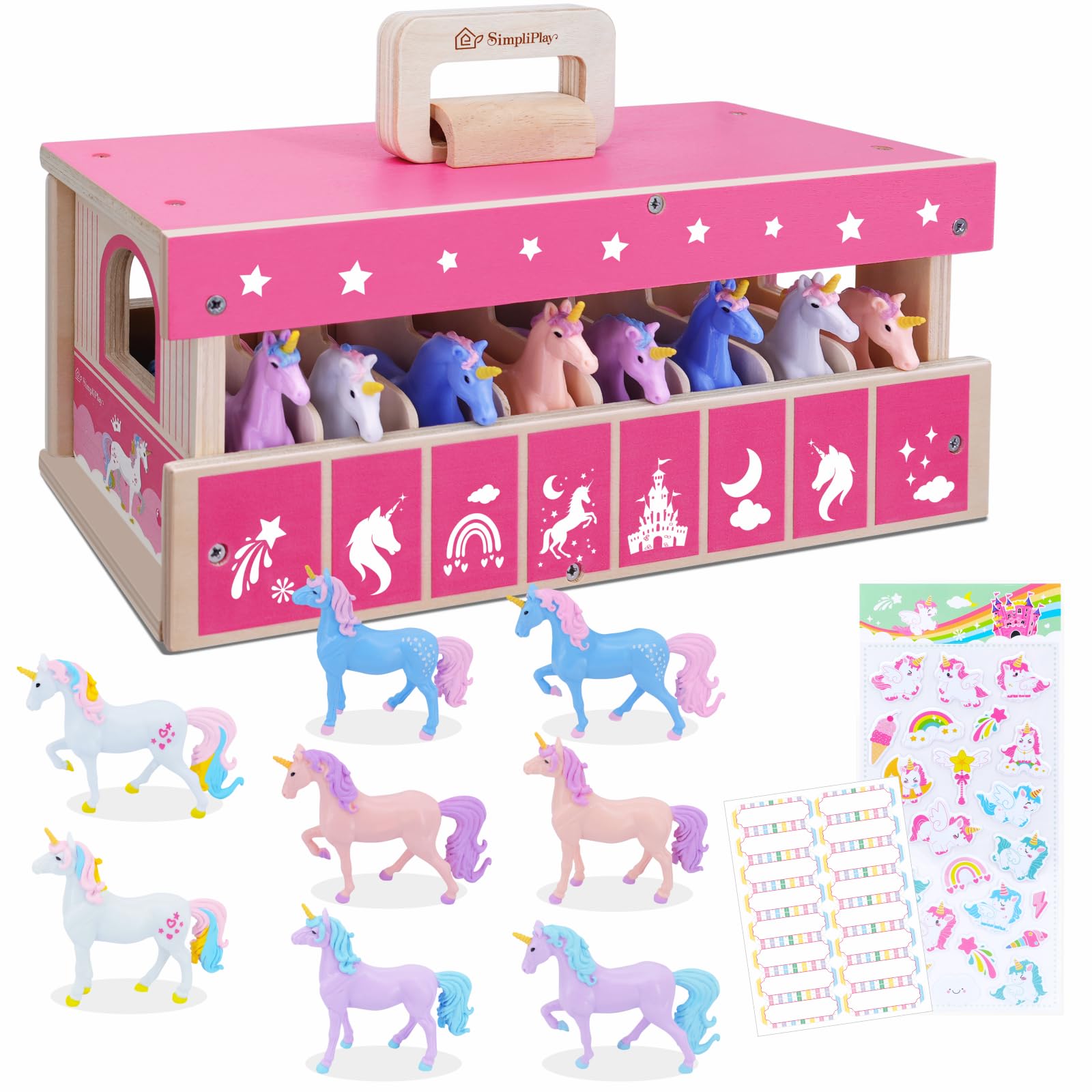 SIMPLIPLAY Unicorn Wooden Stable Playset, Portable Horses Toys Set with 8 Adorable Unicrons, 2 Stickers, Horse Stable with Metal Door Lock, Creativity Horse Gifts for Girls Boys Kids Unicorn Lovers