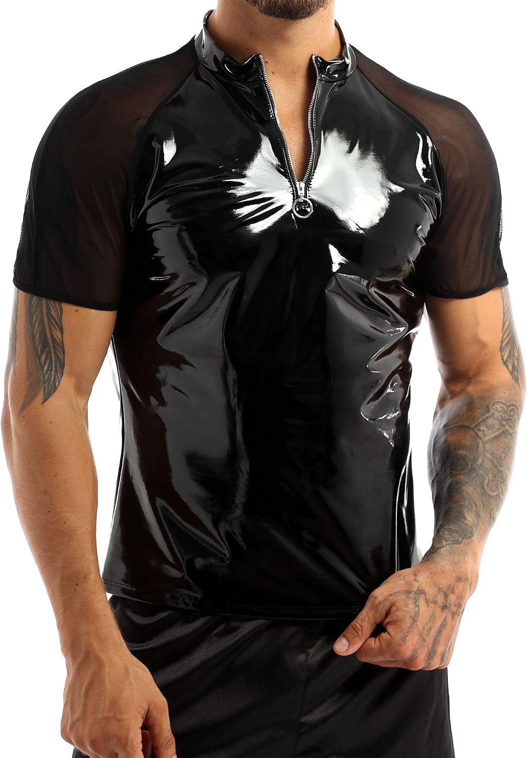 T-shirt Manches Longues Effet Cuir Verni Latex Noir Pour Homme - Style Club, Fête, Déguisement - Coupe Slim - 9
