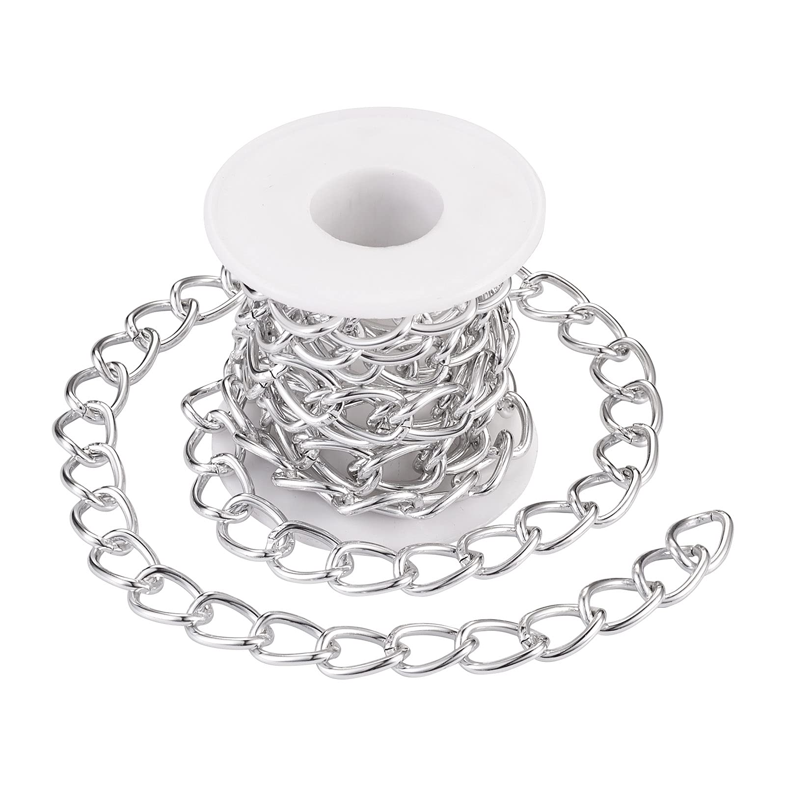 Beadthoven 6.56 Ft/2 M Aluminium Curb Chains Silver Plated Twisted Metal Bracelets Necklaces Link Chains with Spool 13x18mm Round Curb Chain for Jewelry Making