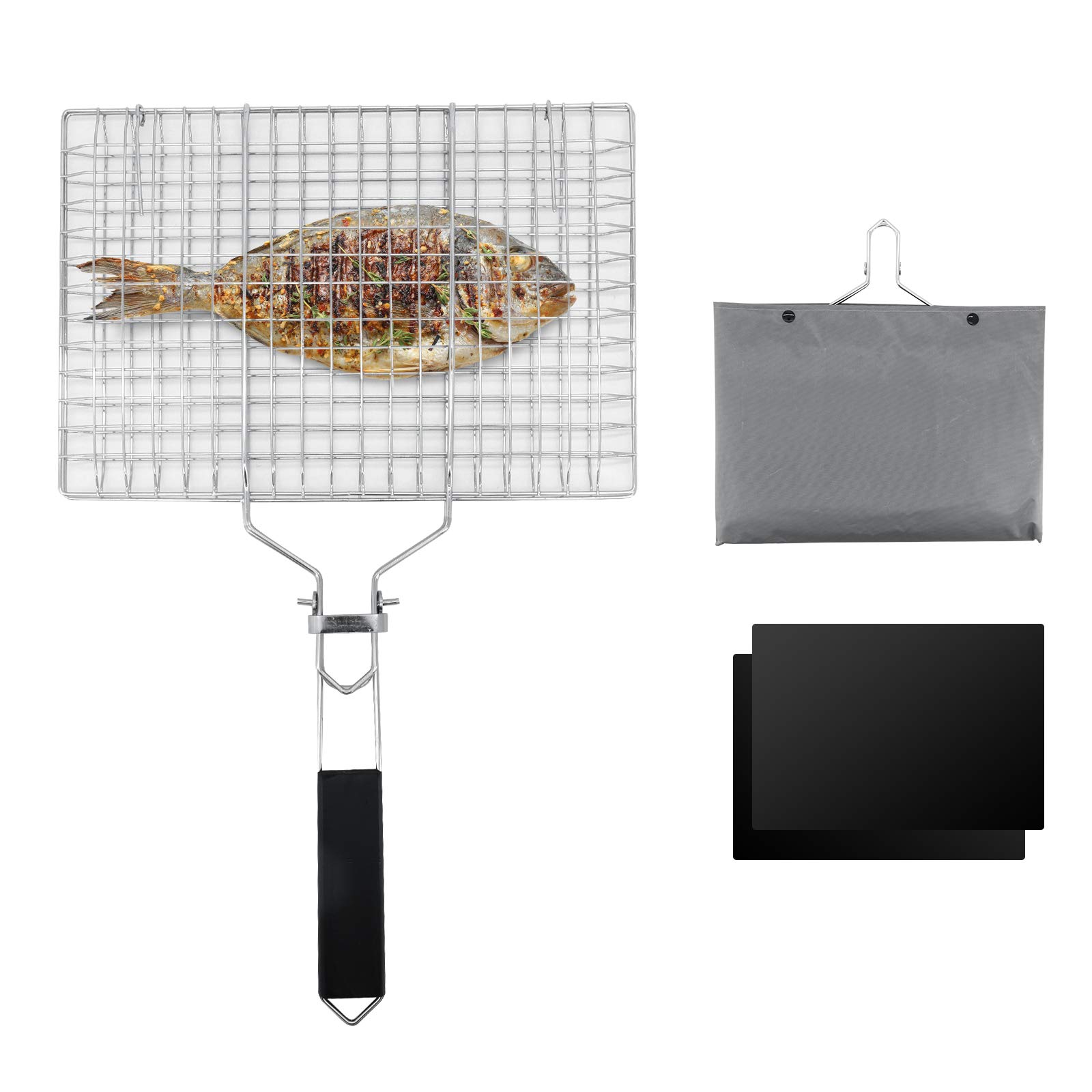 Barbecue Grilling Basket, Portable Grill Basket Foldable Stainless Steel BBQ Grill Net with Grill Mat for Roast Fish, Shrimp, Vegetable, Steak, Meat