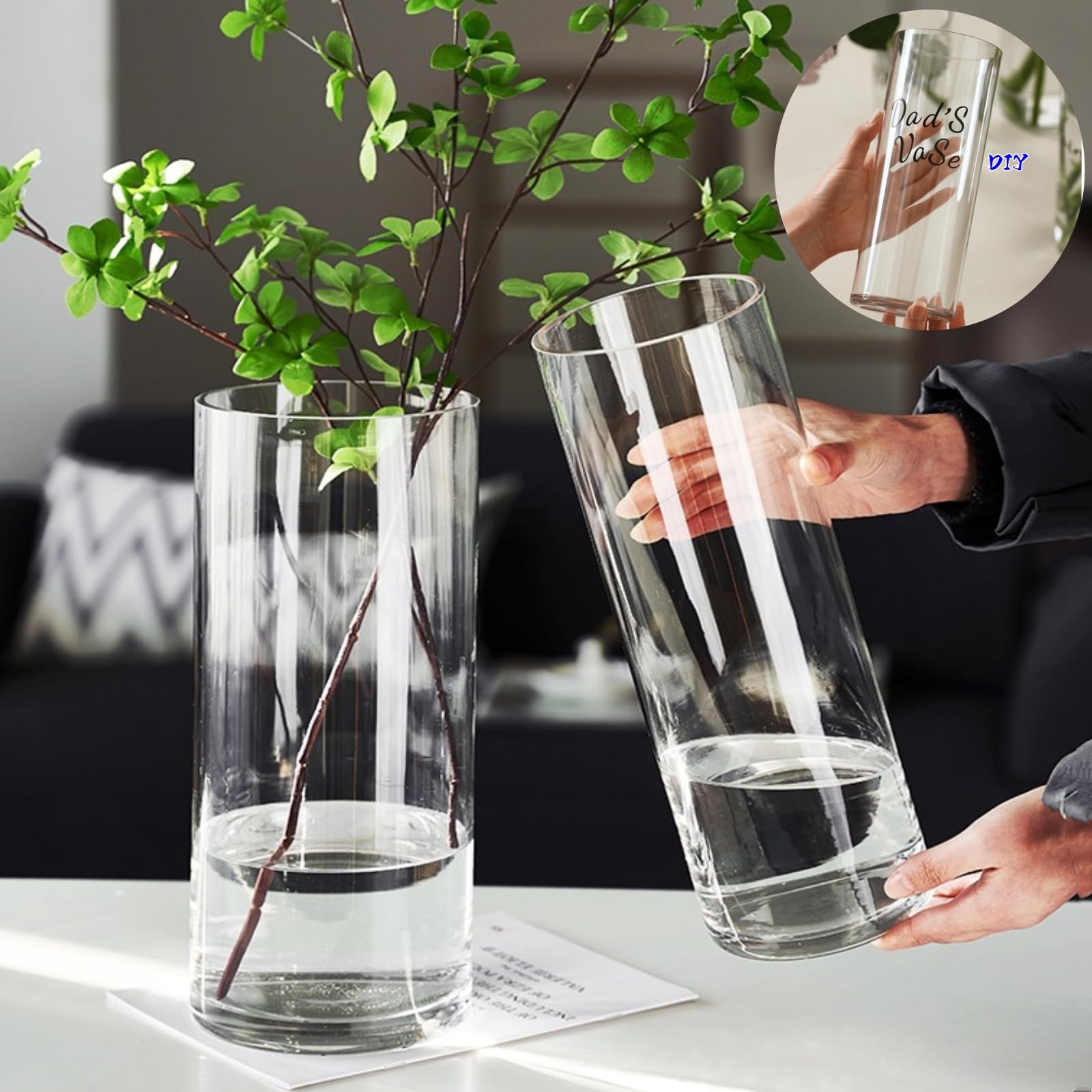 Photo 1 of Acrylic Cylinder Plastic Vase for Centerpiece, Unbreakable Hurricane Tall Large Plastic Vases for Proposals Wedding, Hydroponic Decor Base Set of 2 with DIY Stickers(D 4" + D 4.8" X H 12" Clear)