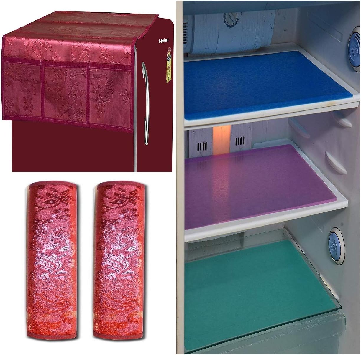 Unique Productions™ Combo of Maroon Refrigerator Cover(1 Piece), Fridge Handle Cover(2 Piece) & Fridge Mat(3 Pieces)(Color-Multi, Size- Standard)