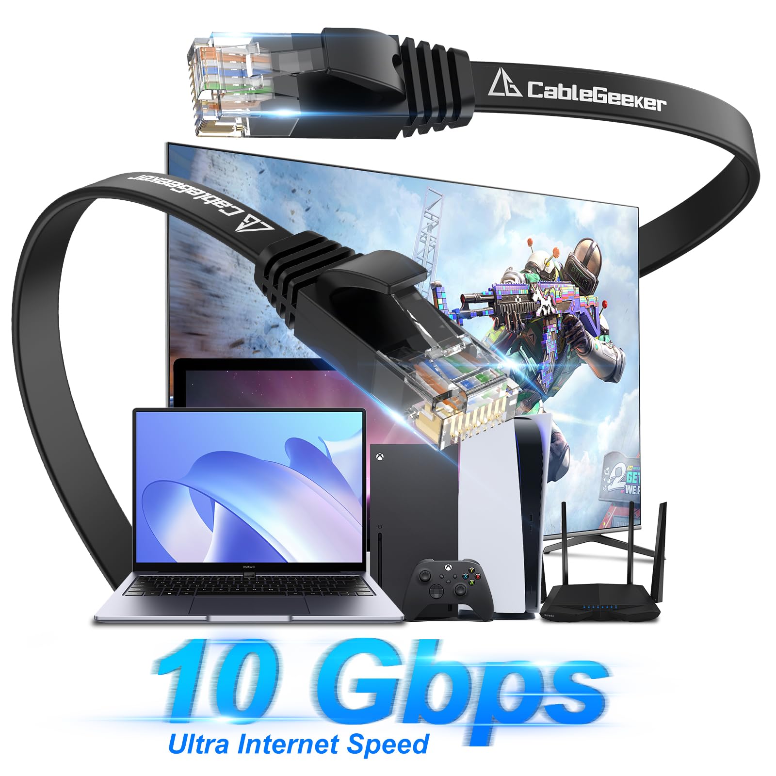Cat 6 Ethernet Cable 100 ft, Indoor&Outdoor, High Speed 10Gbps Internet Network, Pure Copper Flat Ethernet Patch Cable Long, Computer LAN Cable with Clips & Straps for Router, Modem, PS4/5, Black