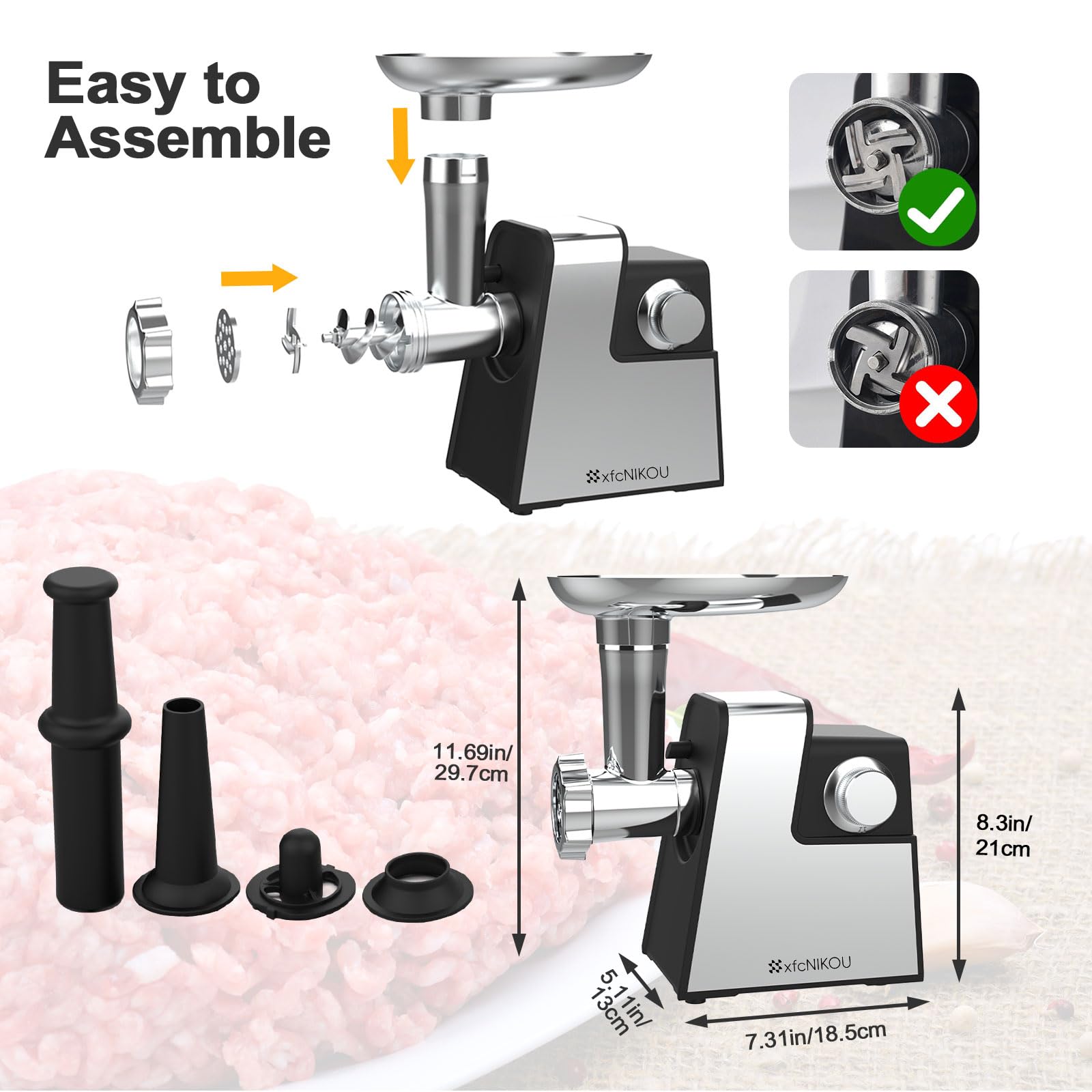 Electric Meat Grinder, 2800W Max Sausage Stuffer,Stainless Steel Meat Mincer With 2 Blades, 3 Plates, Sausage Tube And Kubbe Kit For Home Kitchen Use