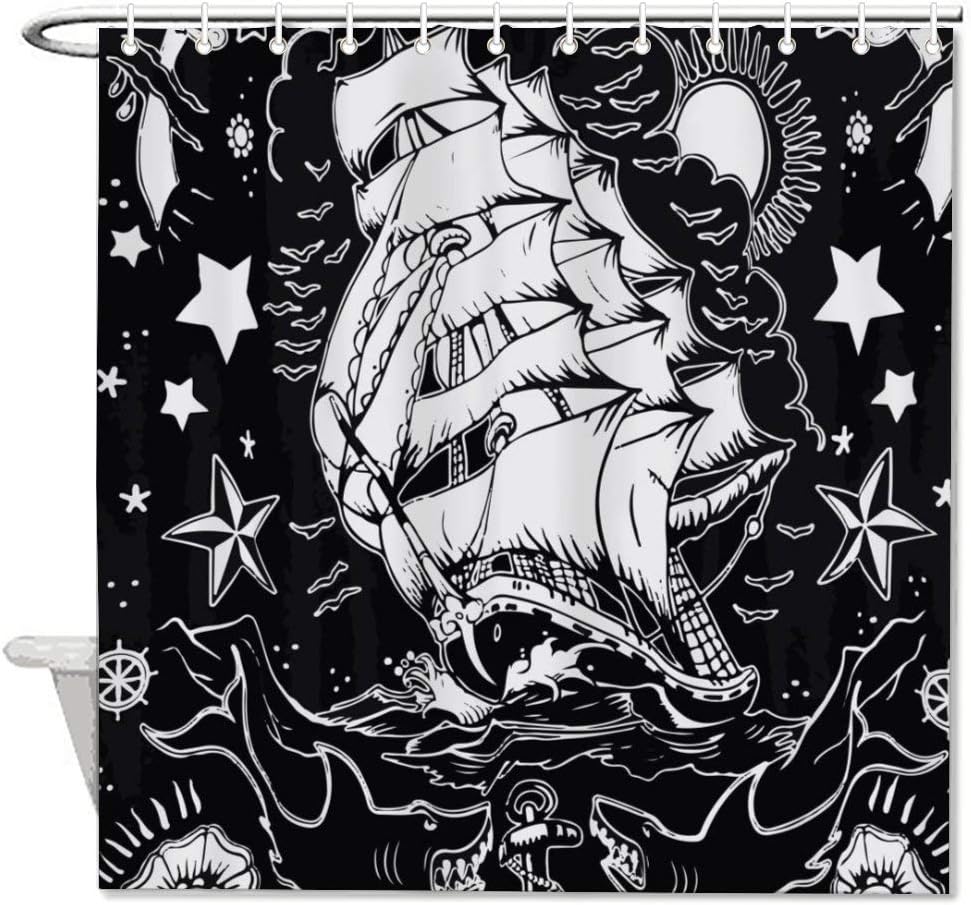 NiYoung Super Long Shower Curtains for Stalls and Bathtubs, Dorm Room - Waterproof Anti-Fade Drape Liner Curtains with Rustproof Grommets Holes, Nautical Ship Anchor Sharks Starfish Black