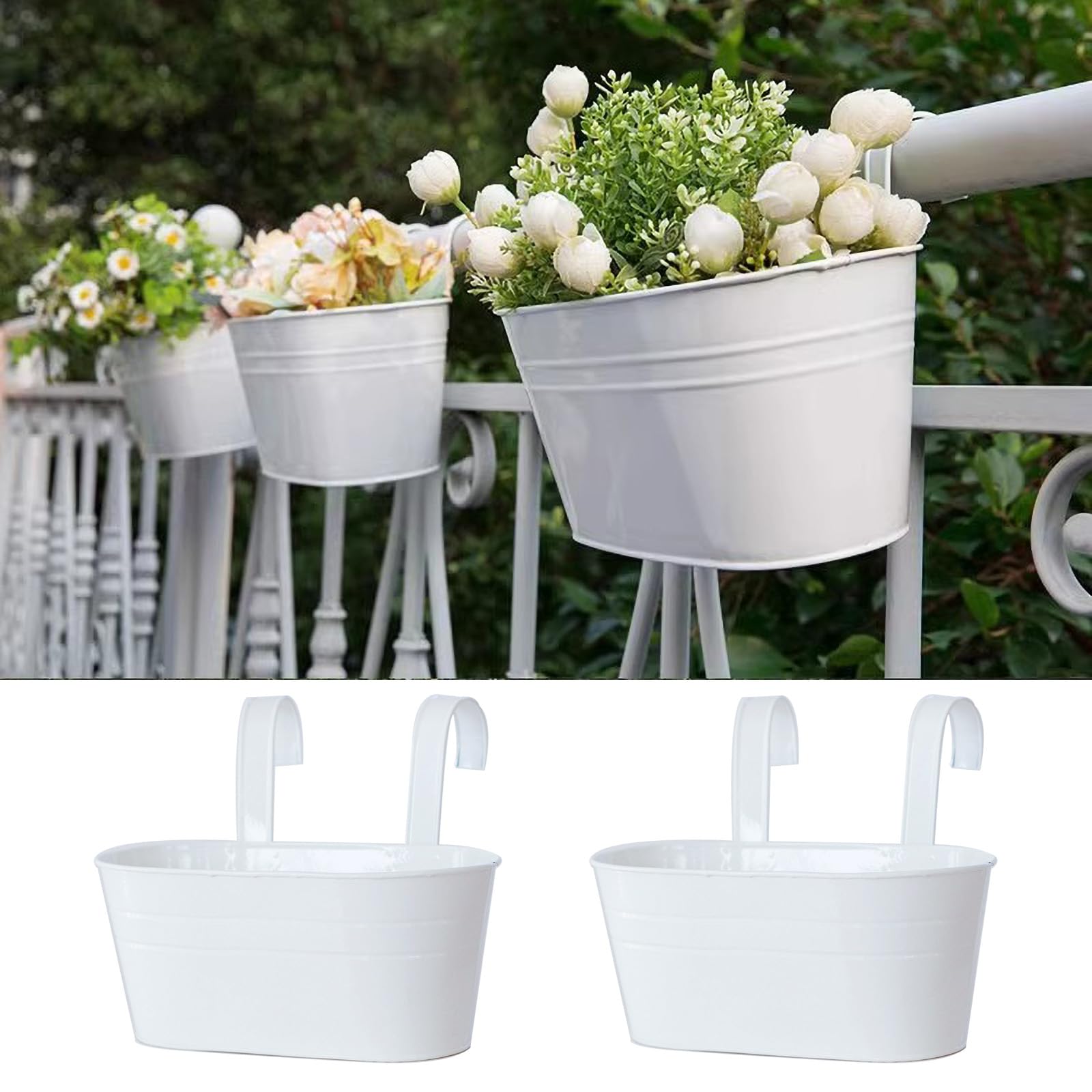 River 2 Pcs Metal Hanging Flower Plant Pots, Metal Bucket Flower Pots, Fence Bucket, Hanging Flower Pot for Indoor and Outdoor, Storage Bucket in Kitchen or Bathroom, Detachable Hook(White)