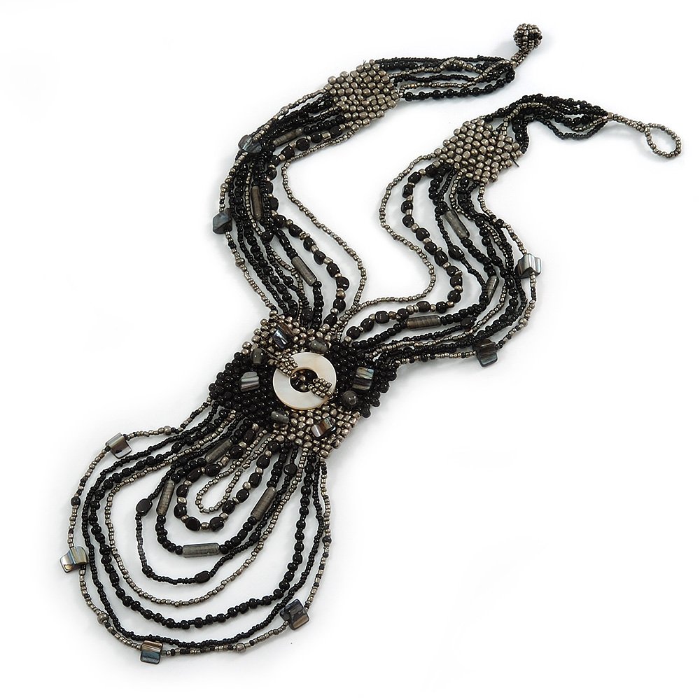 Avalaya Statement Glass Bead Tassel Necklace with Button and Loop Closure in Black/Metallic Silver Colours/ 44cm L (N)/ 17cm L (T)