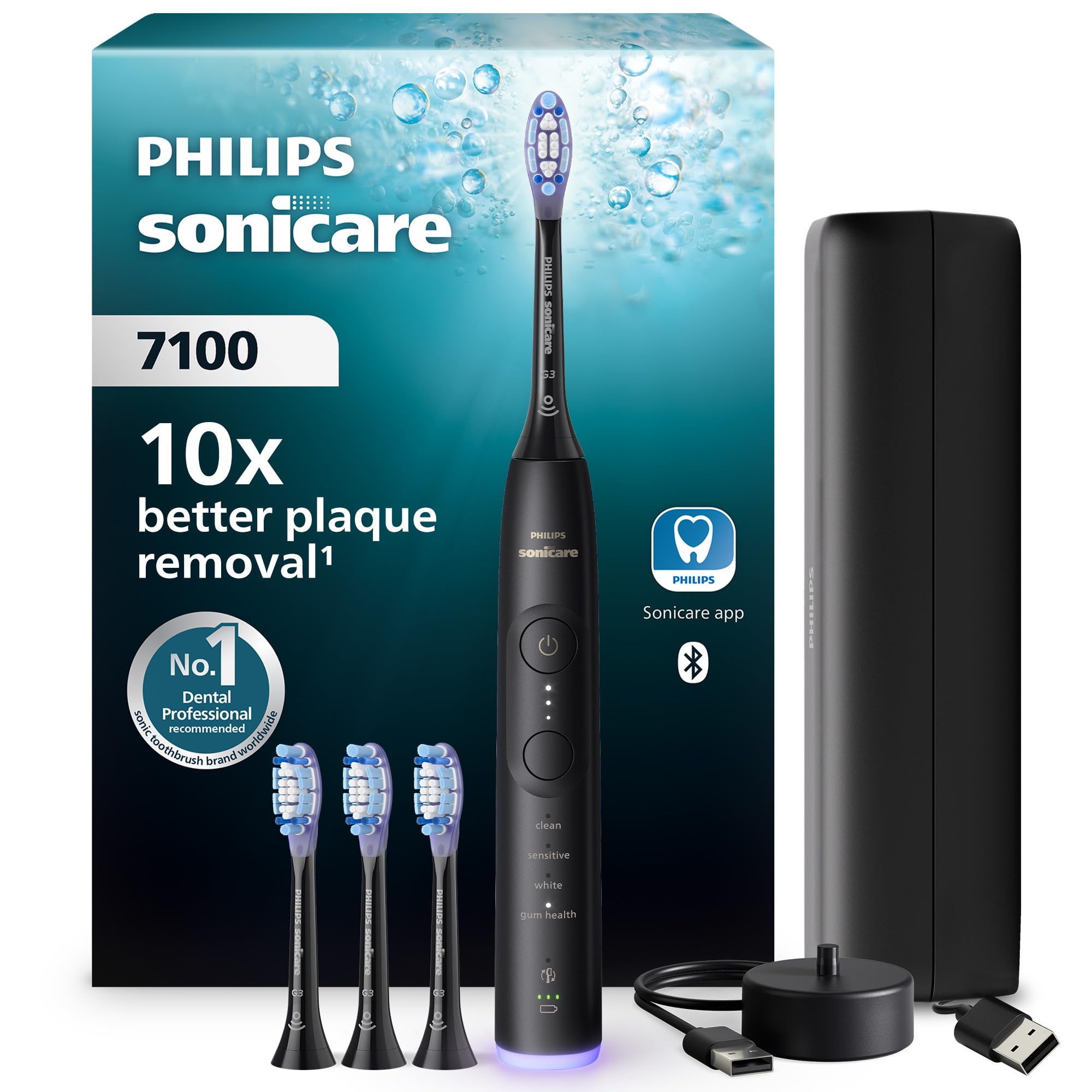 Philips Sonicare 7100 - Brosse à dents électrique sonique avec application, 4 modes de brossage, 3 niveaux d'intensité, Alerte de pression, EasyStart, SmarTimer, Noir, HX7421/08 [Nouvelle technologie]