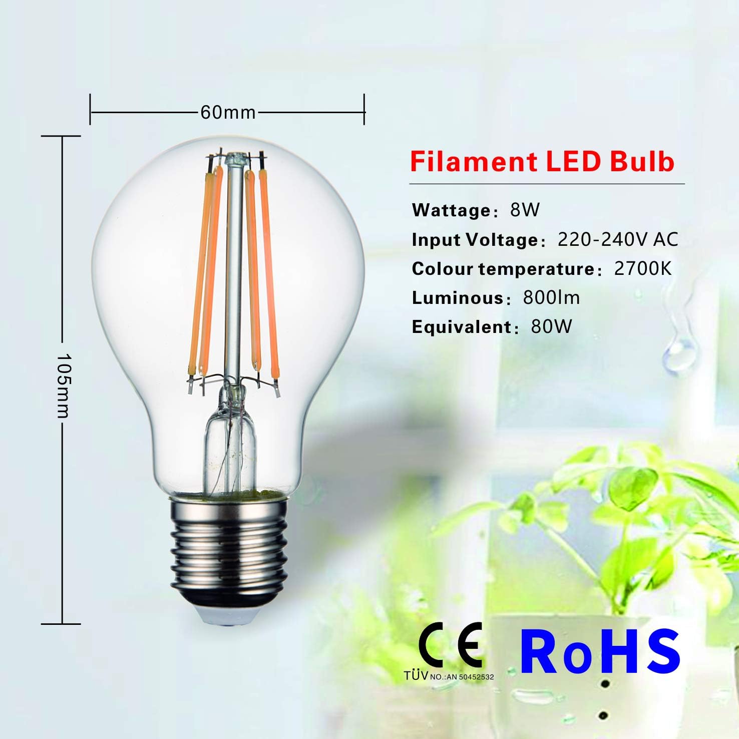 SD LUX LED Light Bulbs Screw E27 Vintage Filament LED Bulbs A60 Screw Bulbs No Flicker Non-dimmable Edison Bulbs 8W (75W Equivalent) 850LM Warm White 2700K 6 Packs(A60-E27) - Image 3