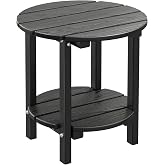LOENIY 2 Tier Round Outdoor Side Table with Wood-Like Grain, HDPE Adirondack Table Patio Side Table, Weather Resistant End Table for Pool, Patio &amp; Porch, Small Outdoor Table(Black, Round)