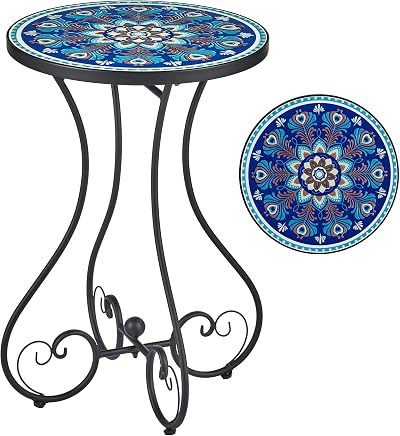 VONLUCE Round Side Table 53cm Tall Mosaic Tile Top Blue Indoor Outdoor
