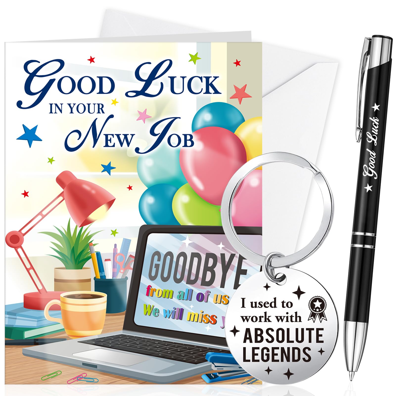 HOWAF Good Luck in your New Job Card, Leaving Cards for Colleagues, with Colleagues Keyring, Good Luck Ballpoint Pen, Leaving Gifts for Colleagues, Goodbye Gift for Coworkers Friends Boss