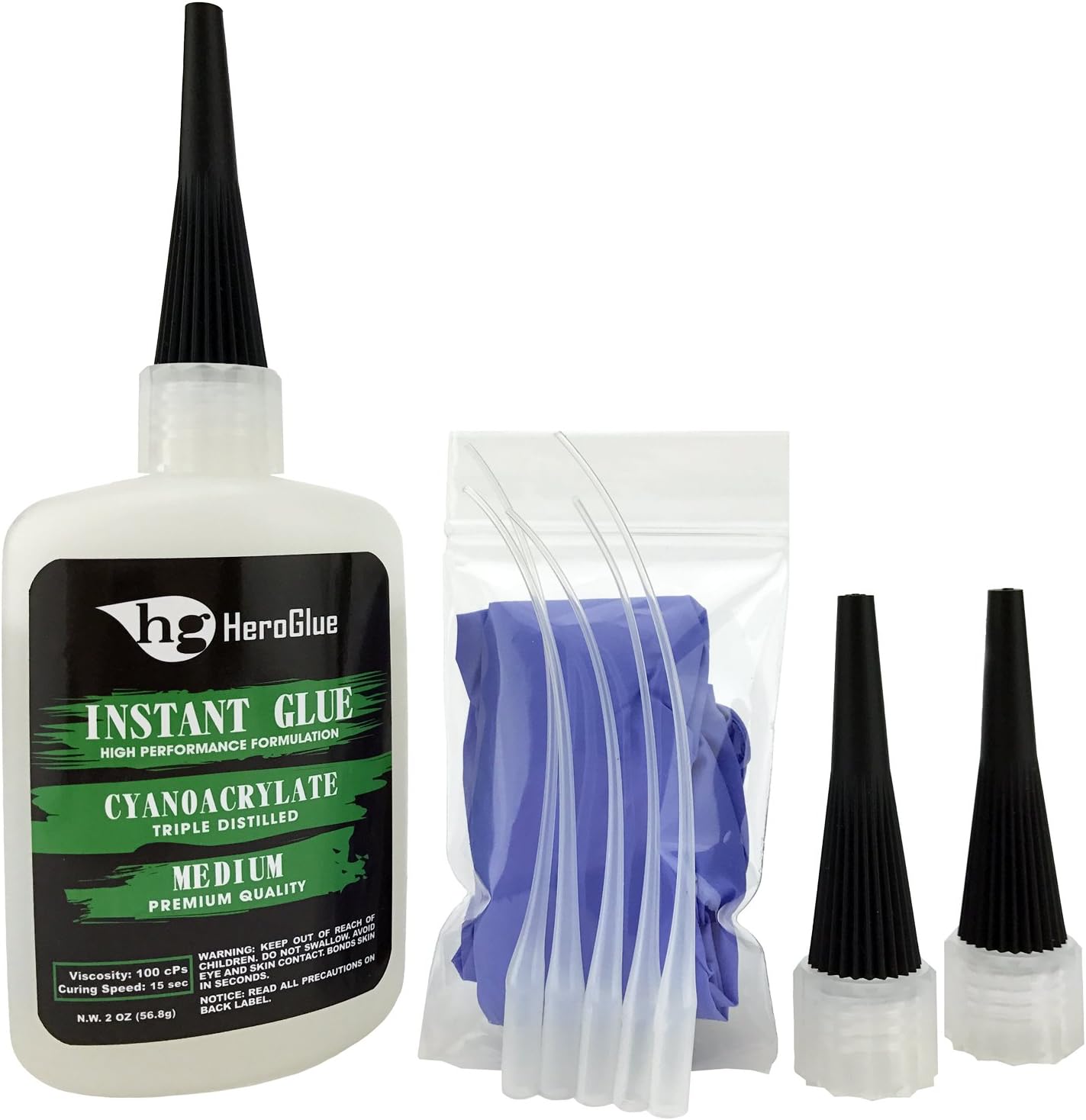 Hero Glue Premium Instant CA Glue, Super Strong, Clear, Home Repairs, Craft Projects, Wood, Metal, Pen Making, Rubber, Plastic, Glass and more (2 OZ MEDIUM VISCOSITY) + Extra Caps, Extender Tips