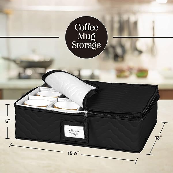 CHINA STORAGE CONTAINERS 5-PIECE SET MOVING BOXES FOR DINNERWARE, GLASSES, PLATES, MUGS AND SAUCERS STURDY QUILTED MICROFIBER DISH ORGANIZER WITH DIVIDERS FOR SEASONAL STORAGE – HOLDS SET OF 12, BLACK