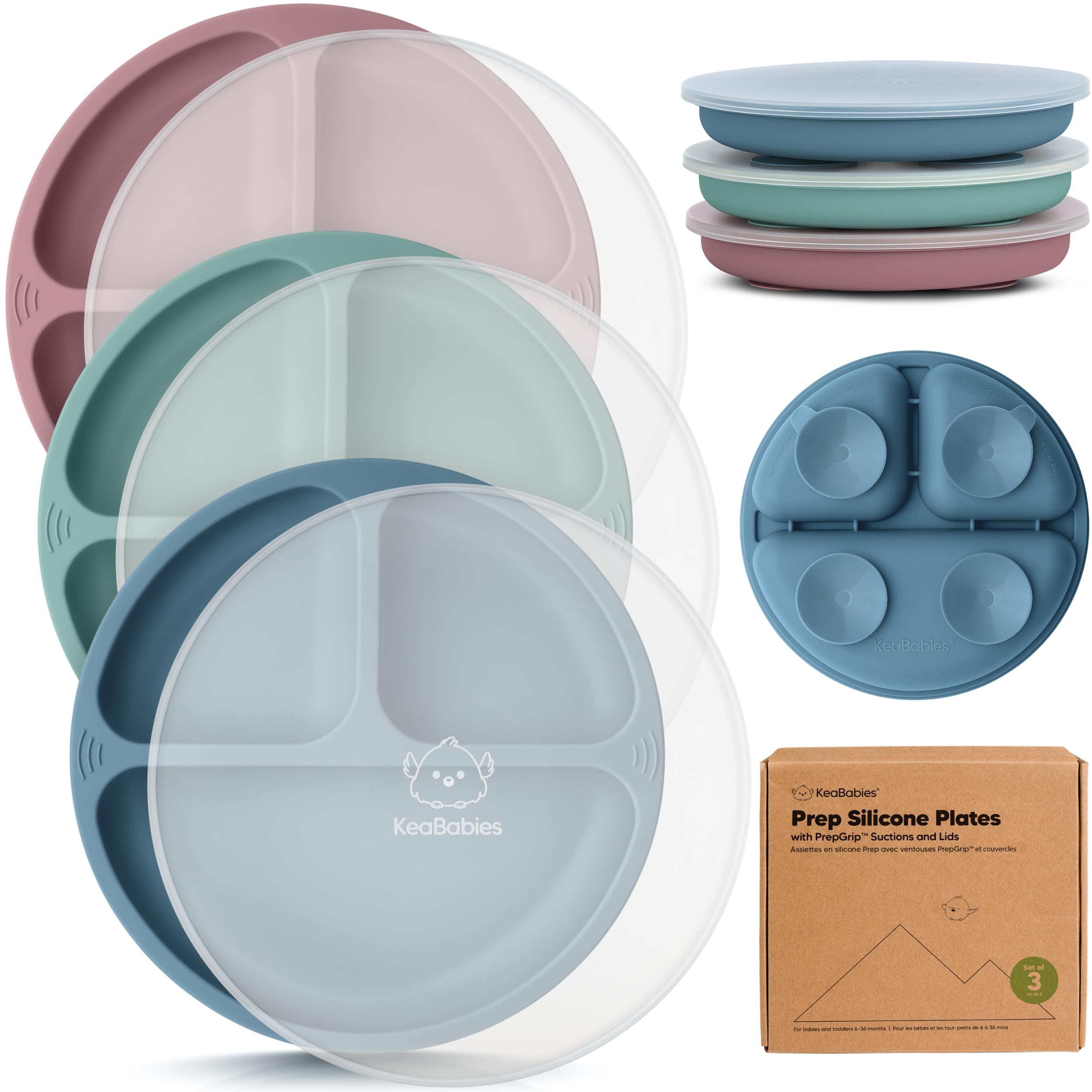 Photo 1 of KeaBabies Suction Plates with Lids for Baby - 3-Pack 100% Silicone Toddler Plates with Suction, Divided, BPA-Free Baby Led Weaning Essentials for Kids, Dishwasher, Microwave Safe, Durable (Quantum)