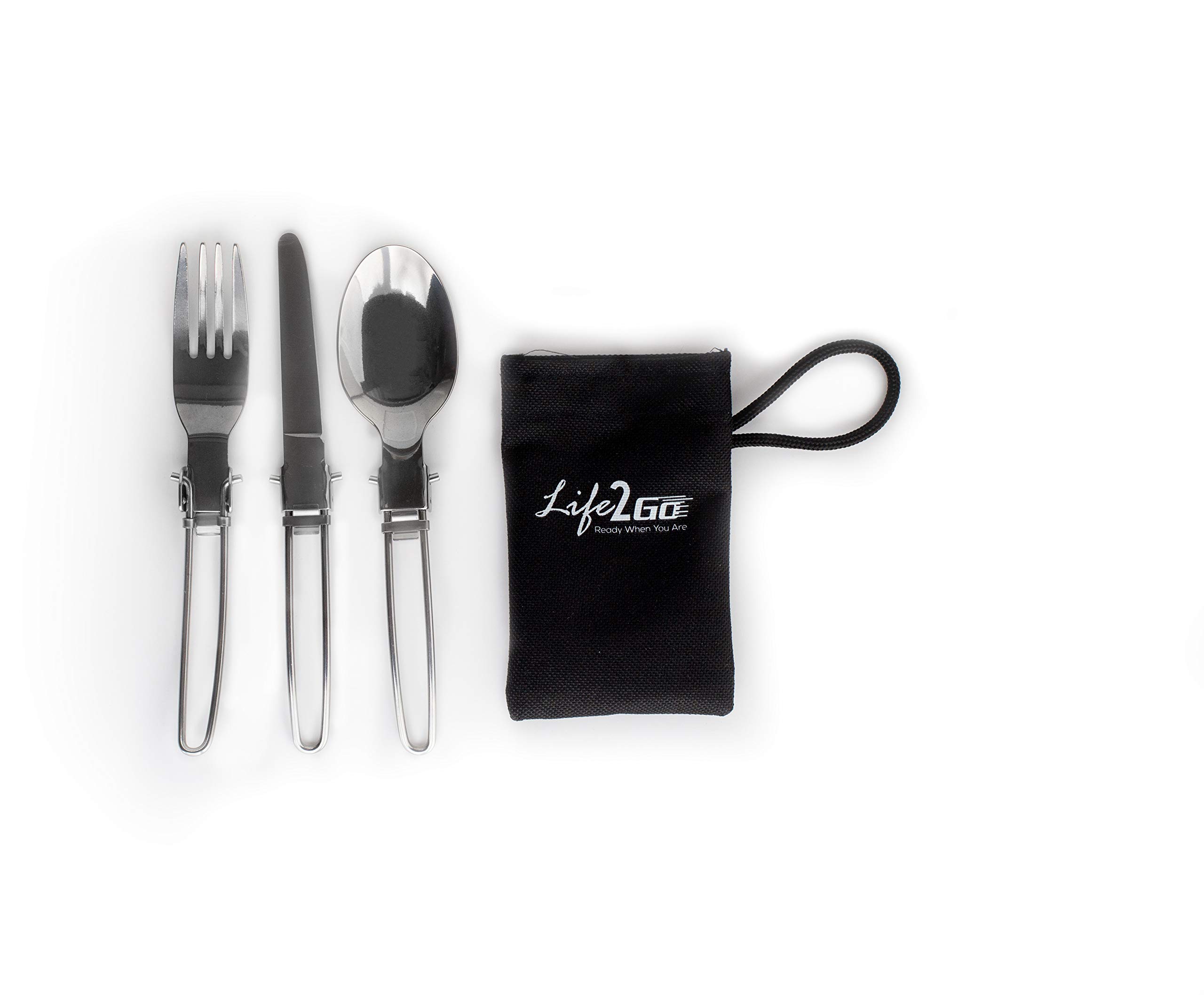 Photo 1 of 3-Piece Compact Camping Silverware & Utensil Set – Portable Cookware Kit for Hiking, Backpacking, Travel, BBQ & Grilling – Folding Reusable Stainless Steel Knife, Fork & Spoon in Tidy Black Bag