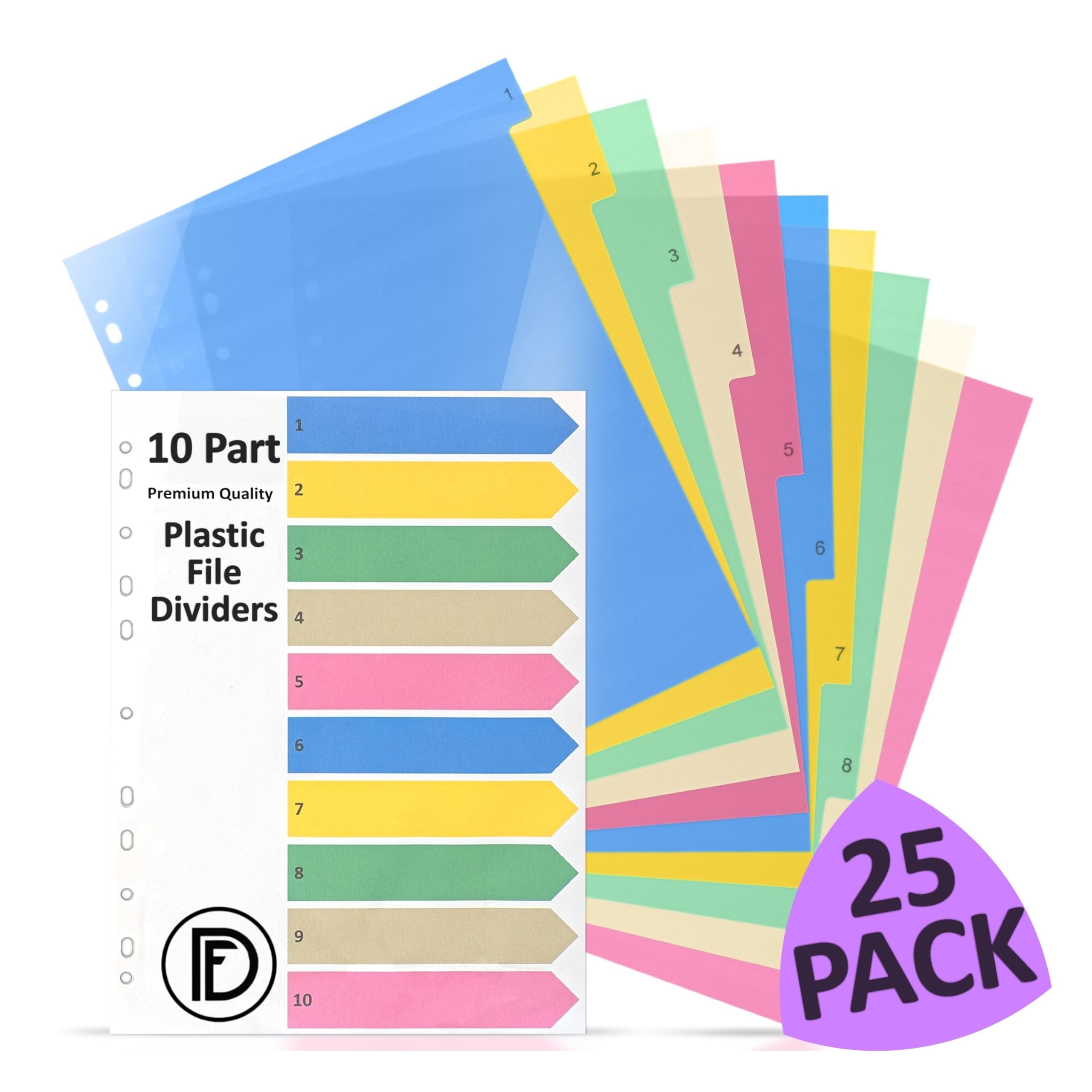 DocFeedz [25 Packs] Plastic File Dividers 10 Part A4 with Index Paper Pastel Colour Folder Dividers A4 with Pre-Punched Holes - Ring Binder Dividers for Home, School & Professional Use