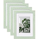Egofine 5x7 Picture Frames Set of 4, Made of Solid Wood Covered by Plexiglass 3.5x5 and 4x6 with Mat or 5x7 without Mat, for Table Top Display and Wall Mounting Photo Frame Rustic Green