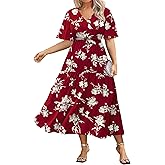 IN'VOLAND Plus Size Short Sleeve Dress for Women Summer Casual V Neck Floral Maxi Dresses with Pockets