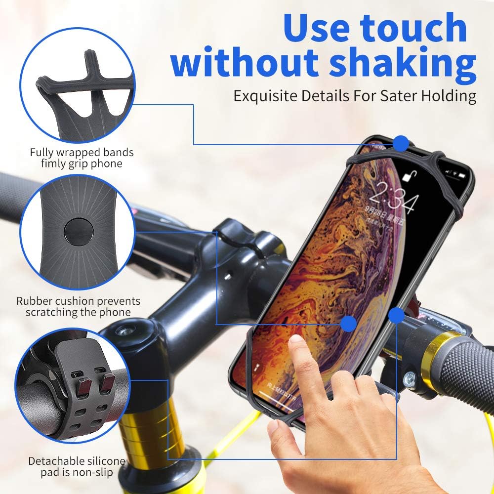 Bike Motorcycle Phone Mount Detachable 360° Rotation with Adjustable Silicone Bicycle Holder Compatible iPhone 11 Pro Max/11 Pro/11/XS/XS Max/XR/8/7, Samsung S20/S10 Plus/S10/S10e
