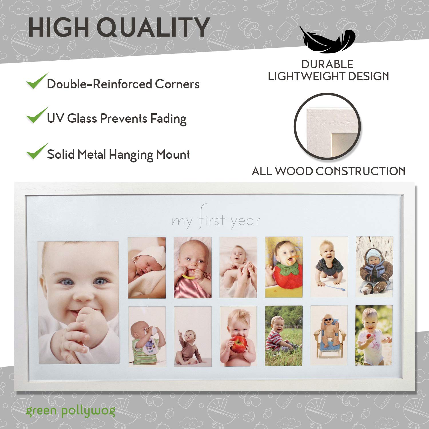 Baby's First Year Frame in Elegant White Natural Wood - My First Year Baby Picture Frame for Photo Memories (White) : Baby