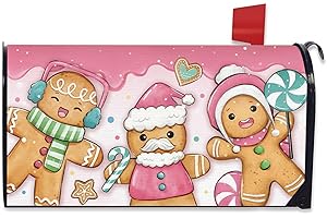 FBCOO Pink Christmas Mailbox Cover Magnetic Standard Size 20.5" x 18", Xmas Gingerbread Man Peppermint Candy Decorative Post Letter Box Wrap Decor, Winter Holiday Garden Yard Outdoor Decoration