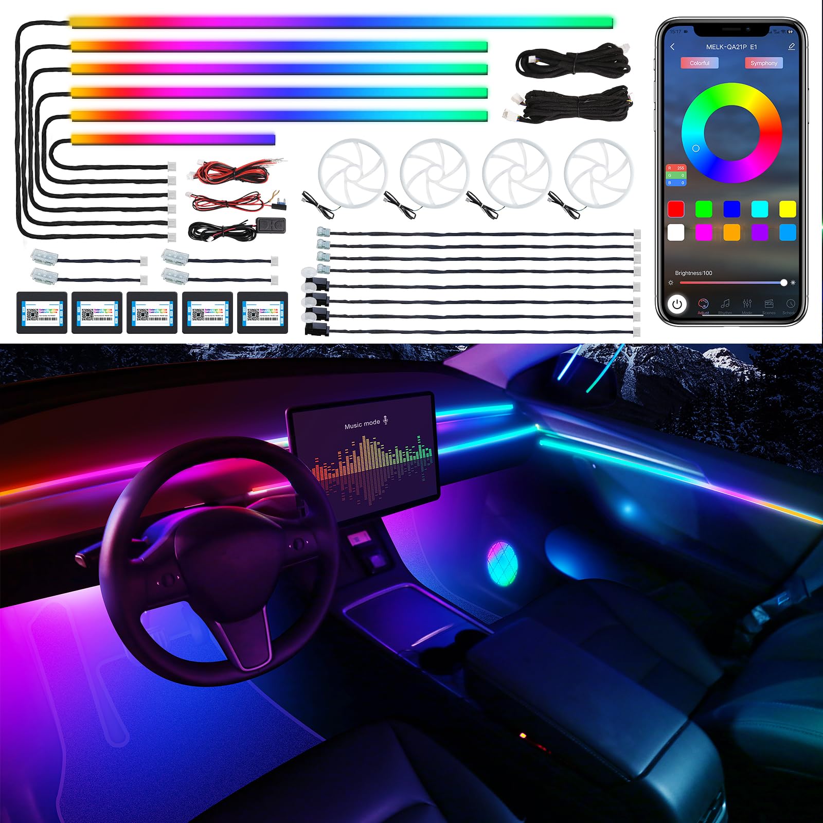 Photo 1 of Dreamcolor Acrylic Interior Car LED Strip Light with Wireless APP, RGB 22 in 1 with 175 inches 600 LEDs Fiber Optic Car Ambient Lighting Kits, Dual Zone Sound Active Function LED Strip for Car
