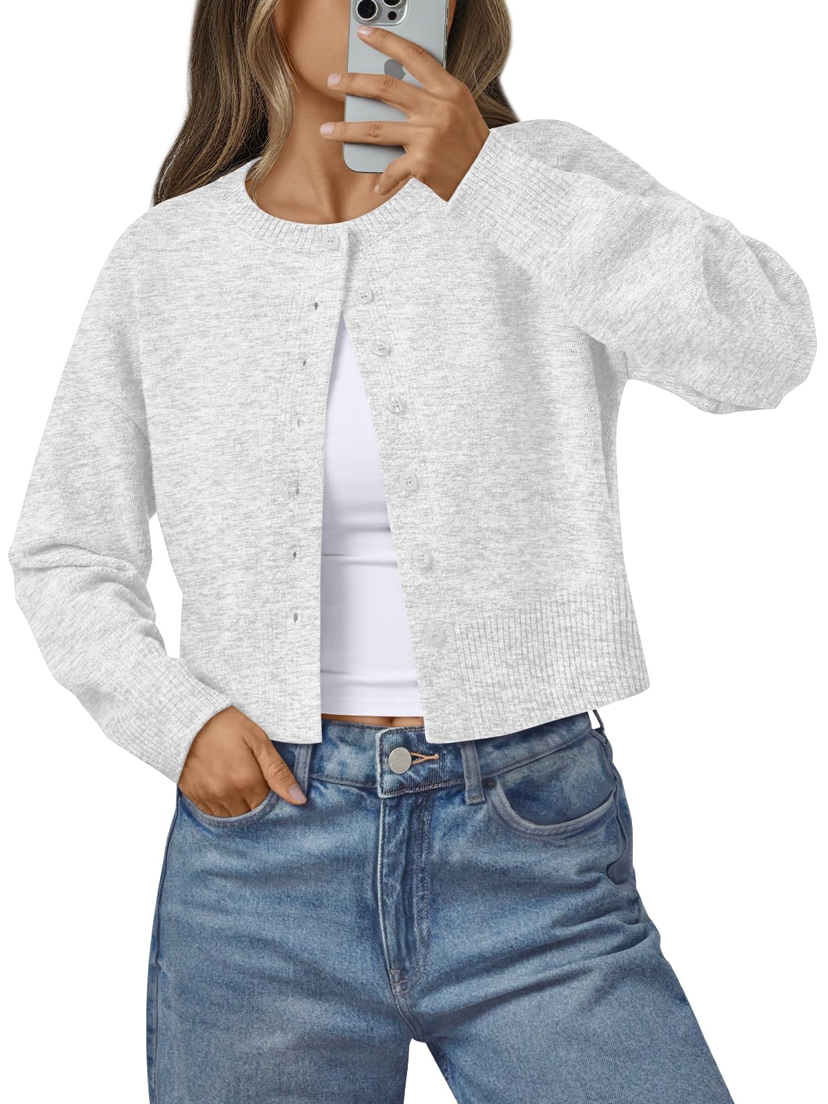 Photo 1 of LILLUSORY Womens Cropped Cardigan Sweaters Lightweight Crop Knit Y2k Outfits Fashion Button Up Clothes 2026 Grey M