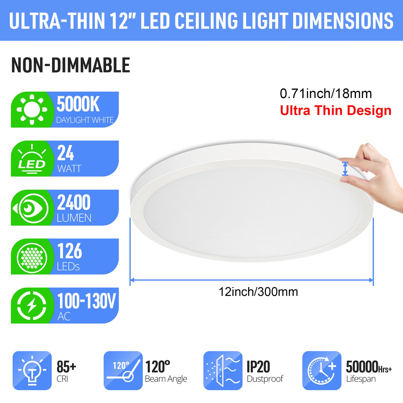 SunRider LED Flush Mount Ceiling Light Fixture, 5000K Daylight White, 2400LM, 12 Inch 24W White Round Flat Bedroom Lights, 240W Equiv. Non-Dimmable