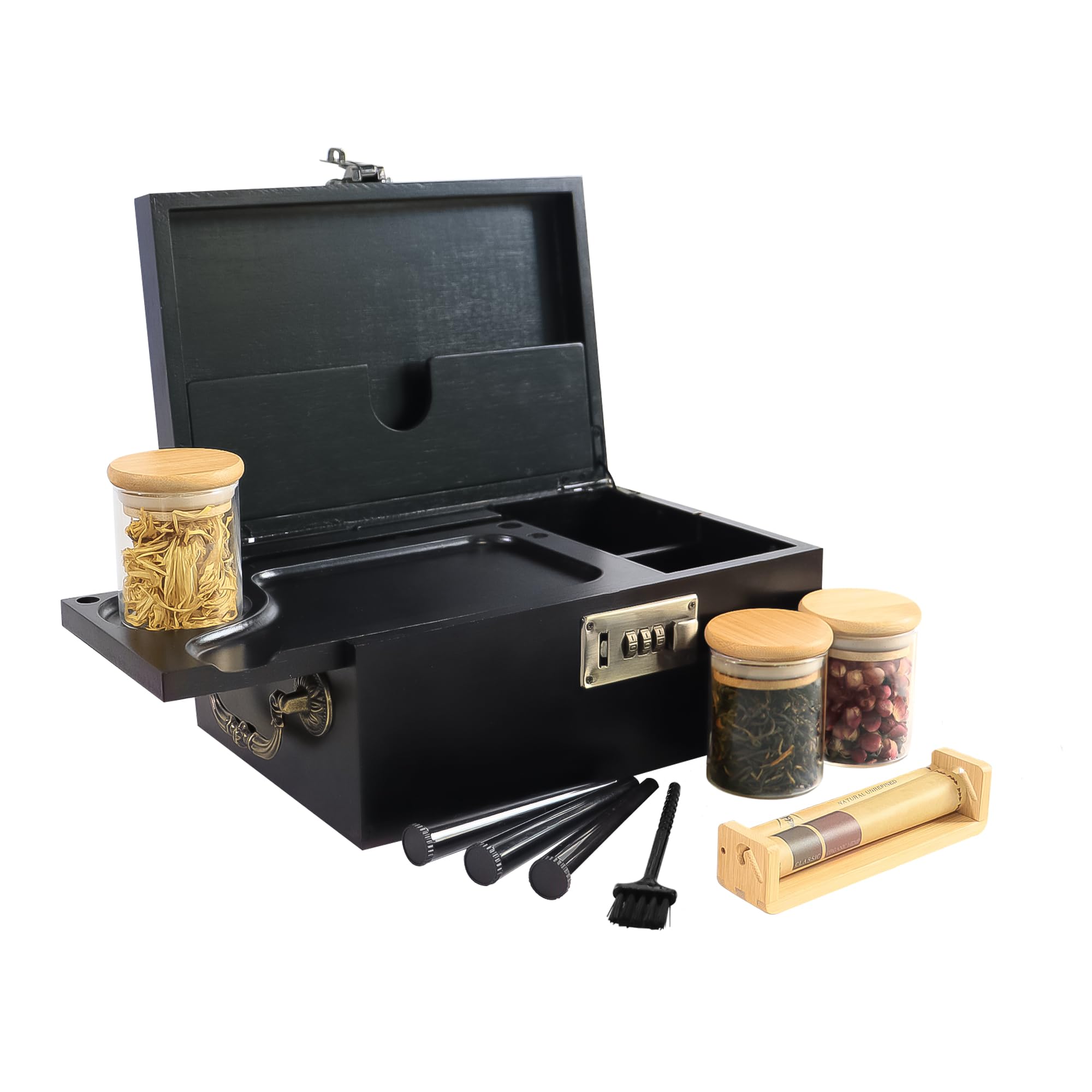 JIABOLANG Bamboo Box with Combination Lock, Decorative Box with Handle, Large Storage Box Set, Premium Lockable Stash Box Organiser Set as a Large Gift Choice (Black)