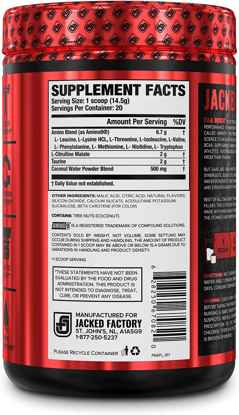EAA Surge Premium EAA Formula - Essential Amino Acids Intra Workout Powder Supplement w/L-Citrulline, Taurine, and More for Muscle Building, Strength, Pumps, Endurance, Recovery - Pineapple, 20sv: Health & Personal Care