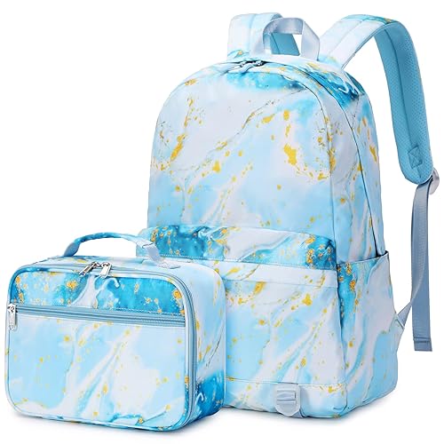 Joyfulife Girls Backpack with Lunch Box Lightweight Marble Backpack for School Primary Elementary Bookbags Set