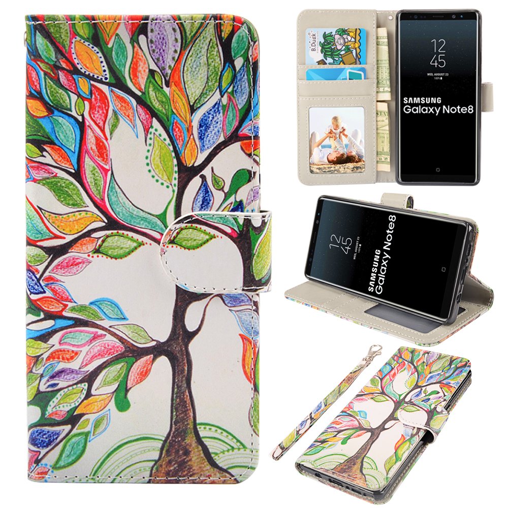 Galaxy Note 8 Case, MagicSky Galaxy Note8 Wallet Case, Premium PU Leather Wristlet Flip Case Cover with Card Slots & Stand for Samsung Galaxy Note8 - Love Tree