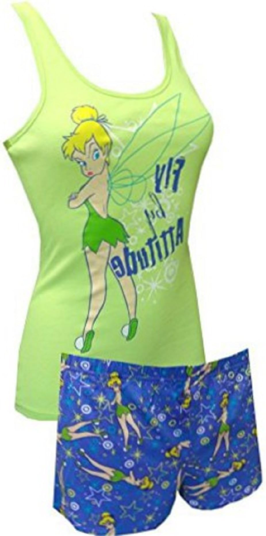 Disney Tinkerbell Fly by Attitude Women's Junior Fit Sleep Tank/Short Pajama Set (Small) Green