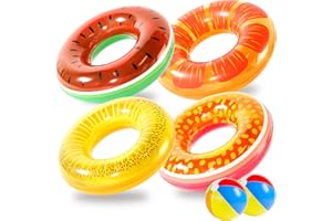 FindUWill 6 Pack Pool Floats Kids, Pool Swim Tubes Rings(4 Pack) - 4Pcs Inflatable Big Floaties Beach Swimming Toys with 2Pcs Beach Balls for Adults Raft Floaties Toddlers