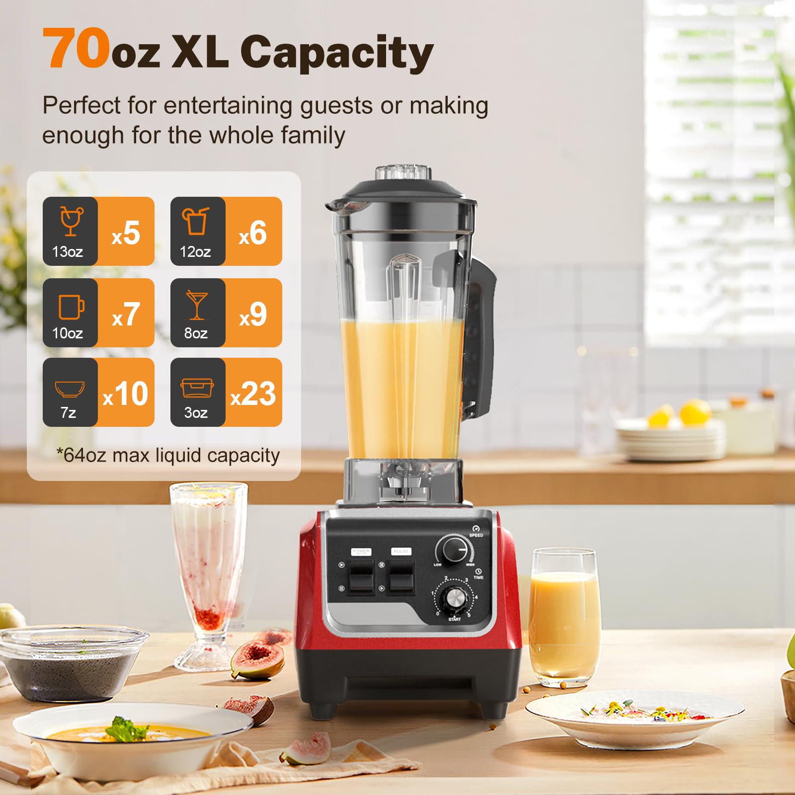 MAGETANG Batidora de batidos de 1800 W, potentes batidoras para cocina, 70 onzas de gran capacidad y recipientes sin BPA con taza para llevar, batidora de encimera para batidos, trituración de hielo y bebidas congeladas, color rojo