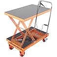 VEVOR Hydraulic Lift Table Cart, 500lbs Capacity 28.5" Lifting Height, Manual Single Scissor Lift Table with 4 Wheels and Non-Slip Pad, Hydraulic Scissor Cart for Material Handling, Orange