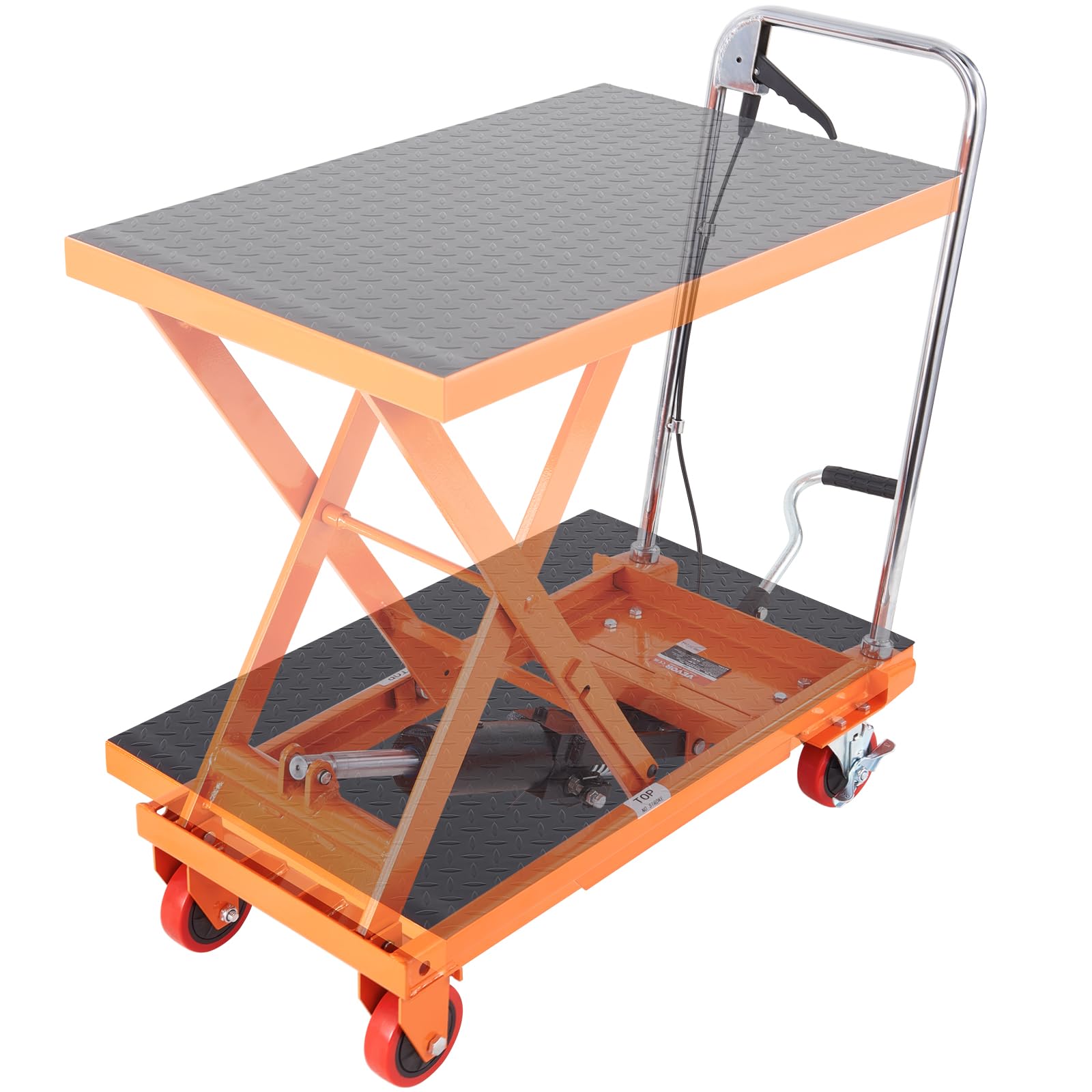 Photo 1 of VEVOR Hydraulic Lift Table Cart, 500lbs Capacity 28.5" Lifting Height, Manual Single Scissor Lift Table with 4 Wheels and Non-Slip Pad, Hydraulic Scissor Cart for Material Handling, Orange