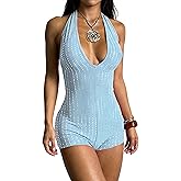 ECHOINE Women V Neck Sleeveless Romper Sequin Backless Shorts Jumpsuit Clubwear S-L