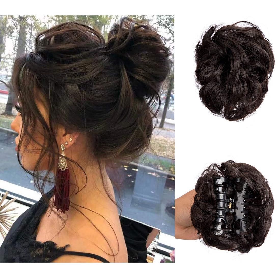 Claw Clip Messy Bun Hair Piece Tousled Updo Hair Buns Extension Elastic Hair Band Hair Pieces Curly Hair Bun Scrunchie For Women (Brown Black)