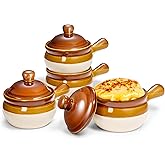 KooK French Onion Soup Crocks, Ceramic Bowls with Lids, Large Handles, Oven & Microwave Safe, Brown/White, Set of 4, 15 oz