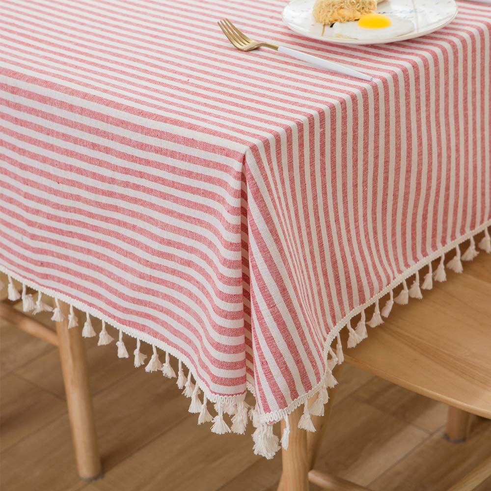 Plenmor Table Cloth Rectangle Stripe Tassels Tablecloth Rectangular Dust-Proof Cotton Table Cover for Kitchen Dinning Tabletop Decoration (140cm x 220cm, Red)