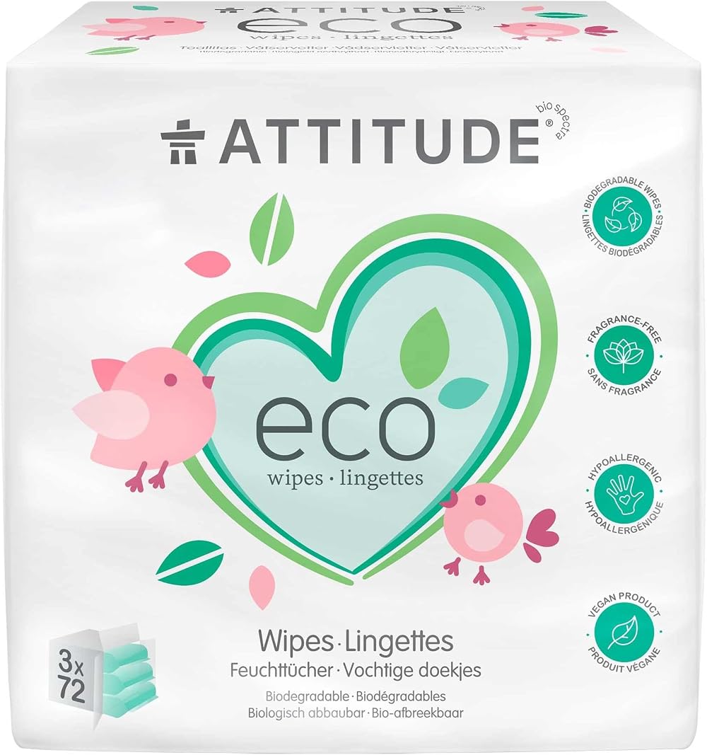 ATTITUDE Biodegradable Baby Wipes Unscented 72 Count Pack of 3