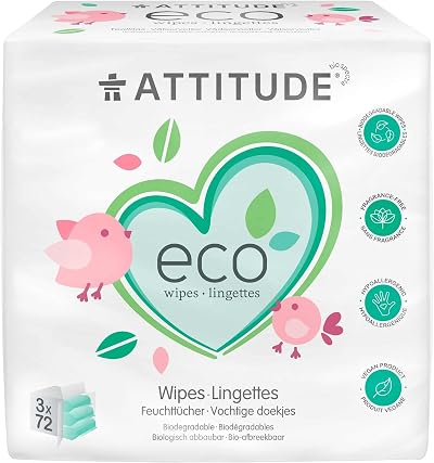 ATTITUDE Biodegradable Baby Wipes Unscented 72 Count Pack of 3
