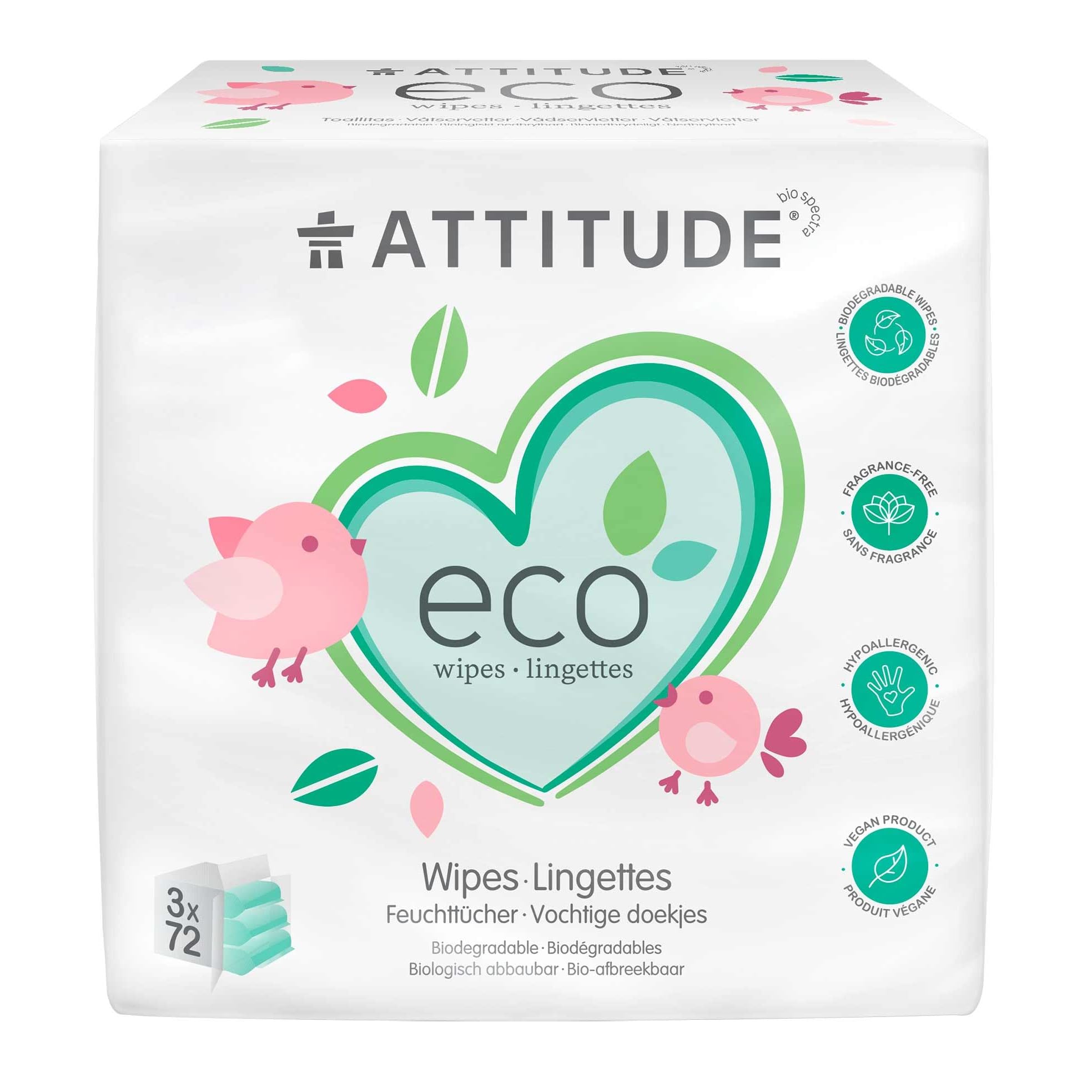ATTITUDE Biodegradable Baby Wipes, Plant Based Unscented Diaper Wipes for Babies and Newborn, Dermatologically Tested, Vegan, 72 Count (Pack of 3)